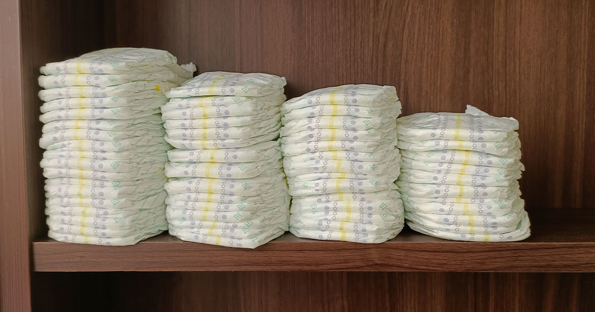 diapers on a shelf